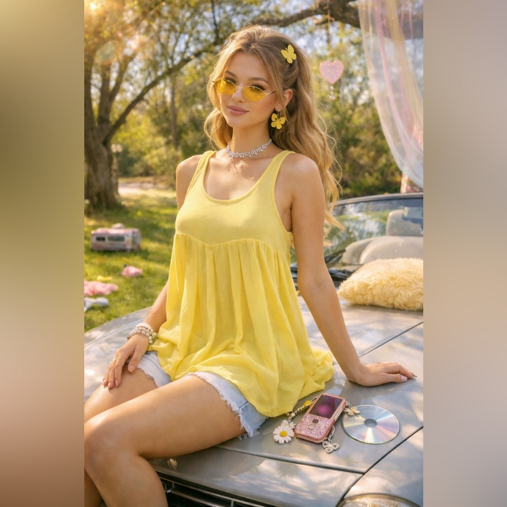 Festival bebe Yellow Chiffon Racerback Tank Top Sz M Sheer Overlay Layered Tunic